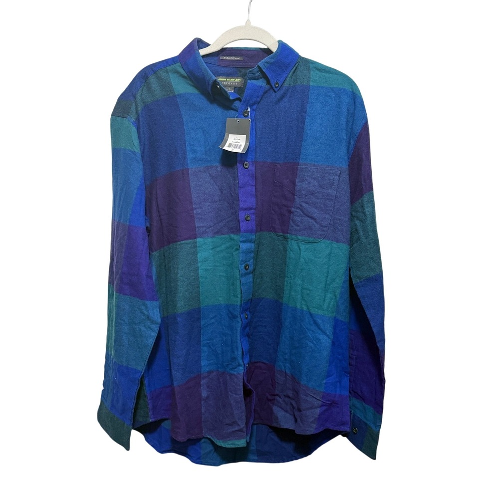 ohn Bartlett Consensus Mens L NWT Plaid Flannel Button Down Shirt Blue Purple